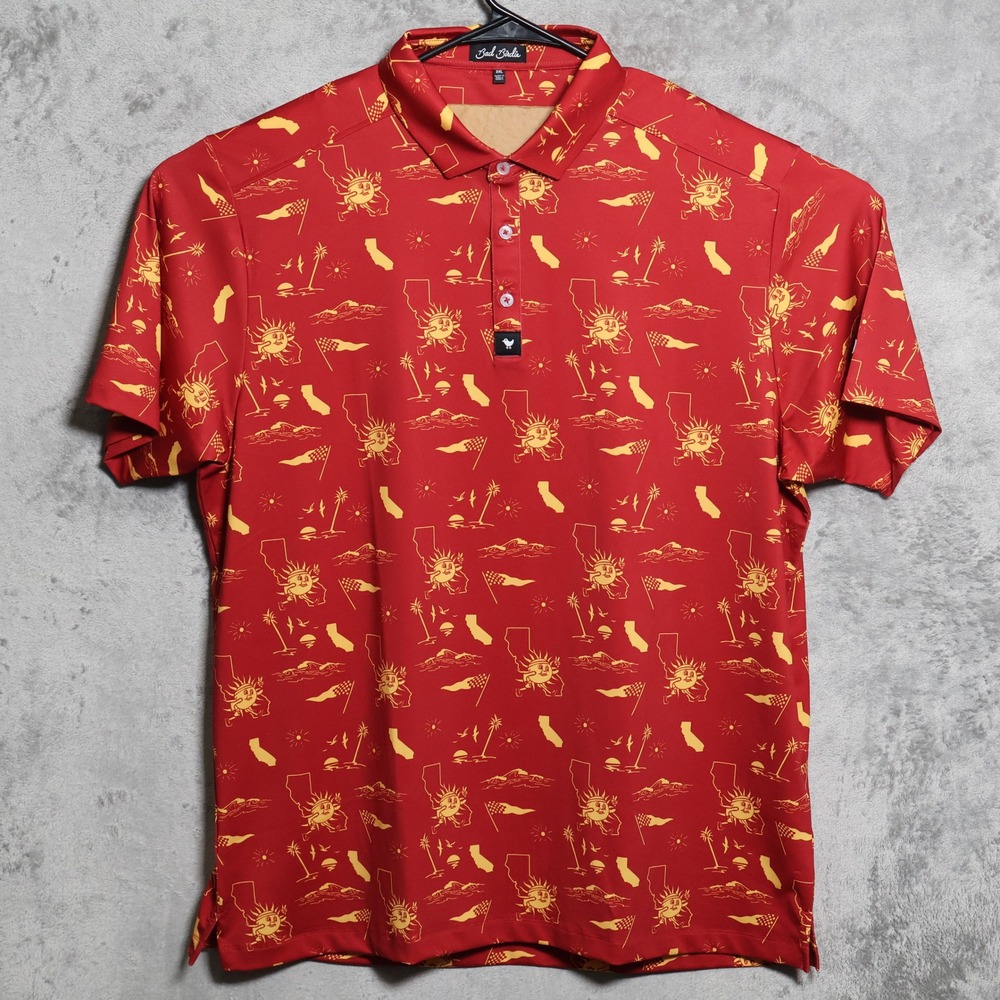 Bad Birdie Polo Shirt Mens 2XL Red Yellow California Sun Print Golf Preppy